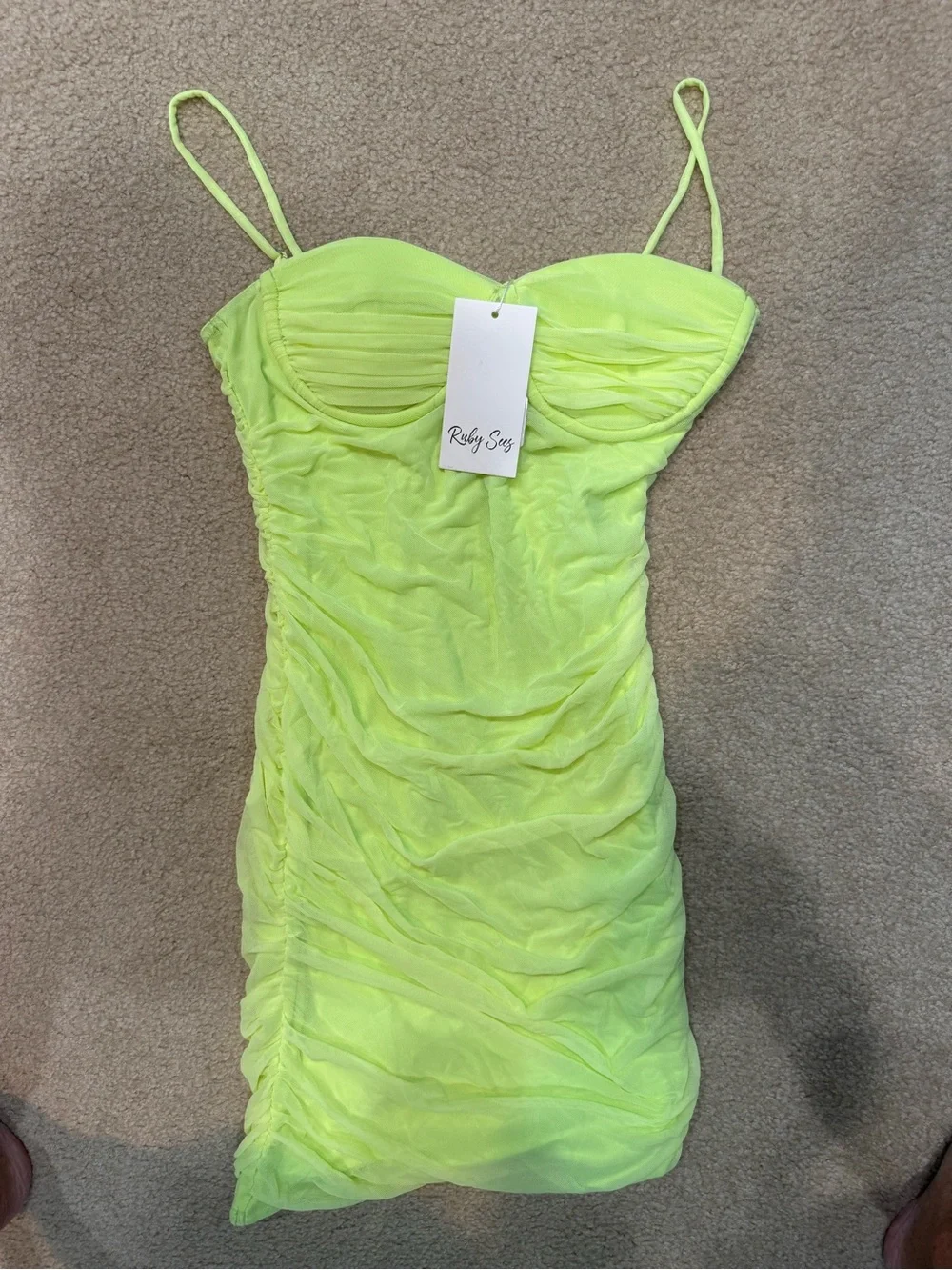 Neon Lime Spaghetti-Strap Ruched Mini Dress - Kids